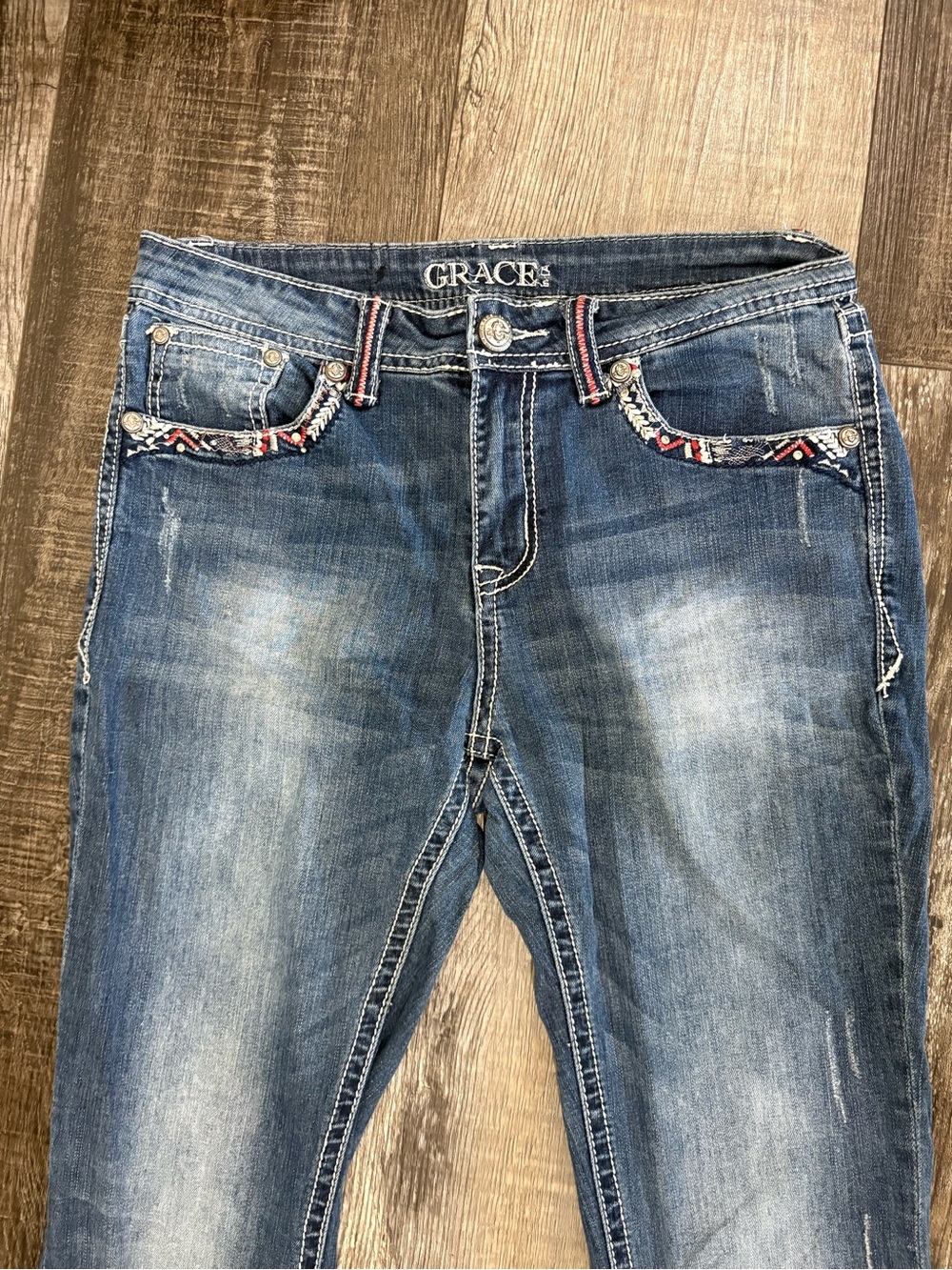 Grace in LA Women’s Blue Skinny Jeans with Woven Trim